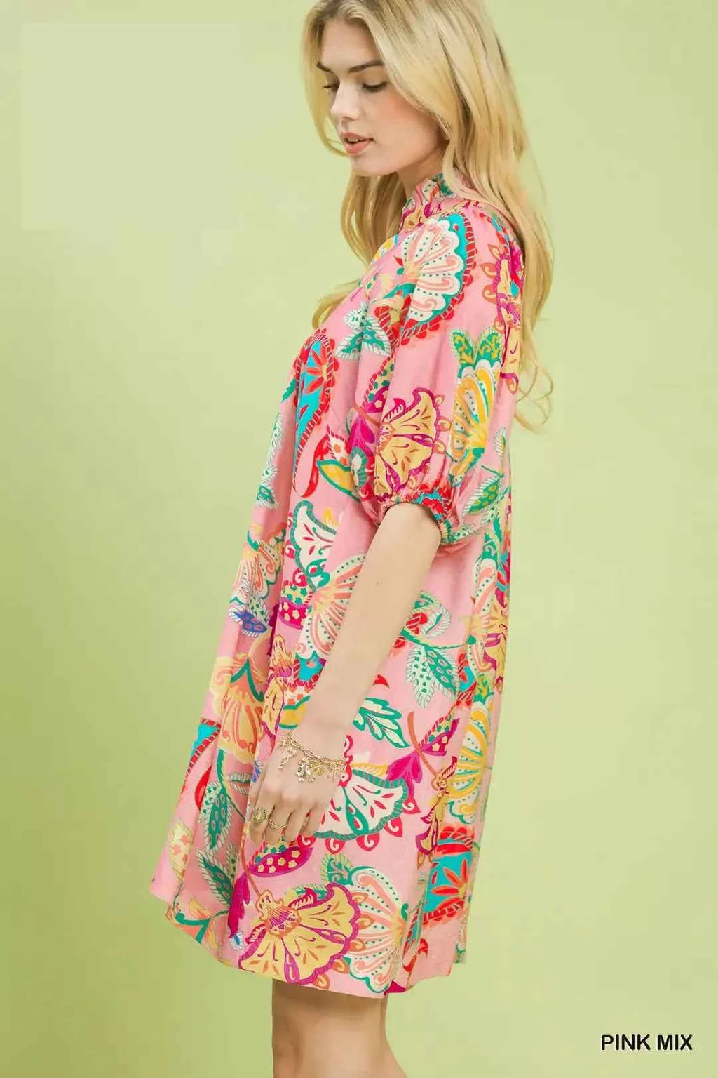 Women's Umgee Paisley Print V-Neck Mini Dress Pockets Pink Mix S-L
