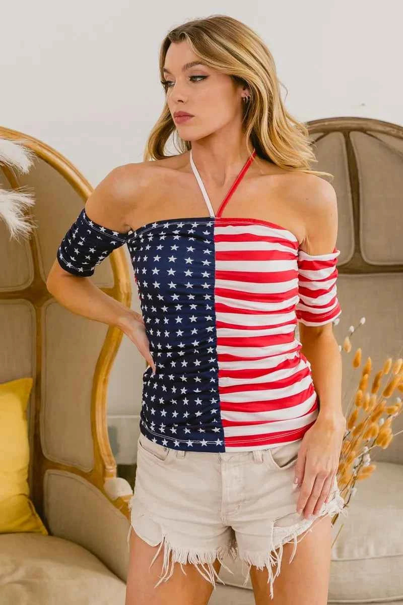 BiBi Women's Patriotic American Flag Off Shoulder Ruched Tied Cutout Top Red S-L