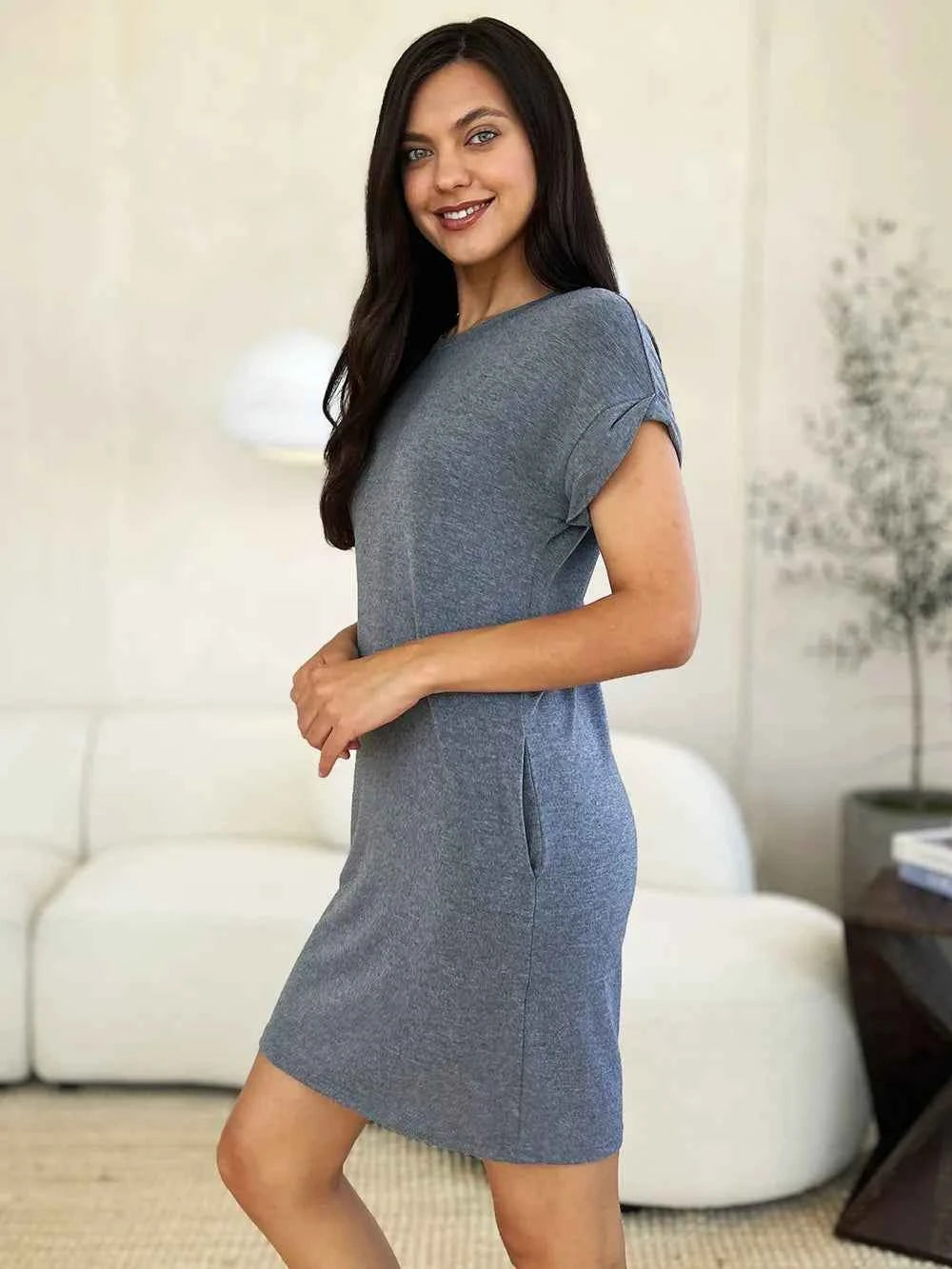 Basic Bae Women's Round Neck Short Sleeve Midi Dress Pockets Multi ColorsS-3XL