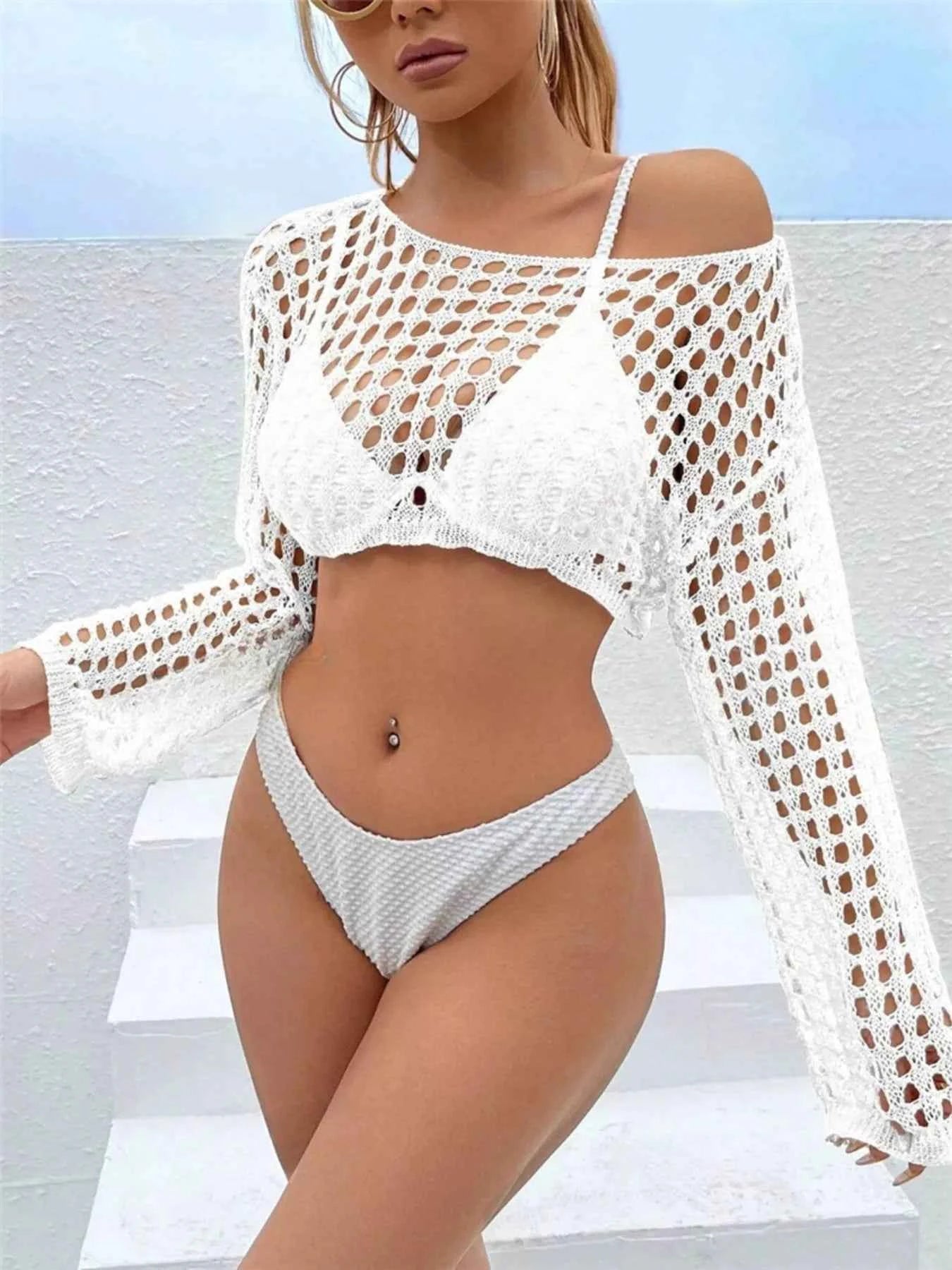 Women's Crochet Knit Long Sleeve Openwork Sheer Cover-Up Apricot White S-XL White