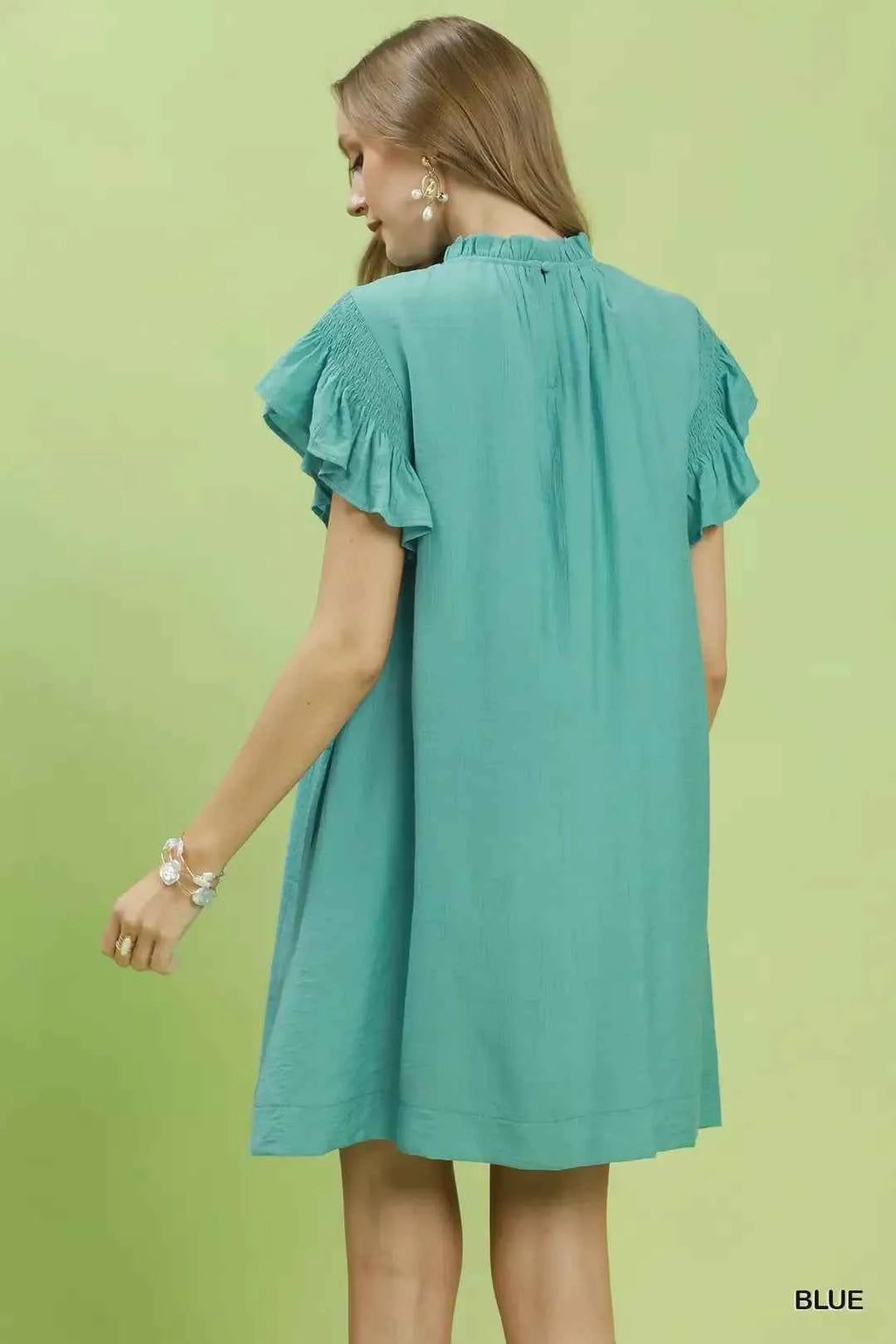 Umgee Women's Smocked Ruffle Flutter Sleeve A-Line Dress Pockets Mint S-L