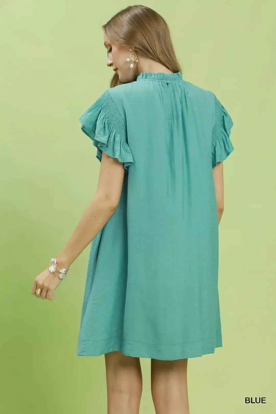 Umgee Women's Smocked Ruffle Flutter Sleeve A-Line Dress Pockets Mint S-L