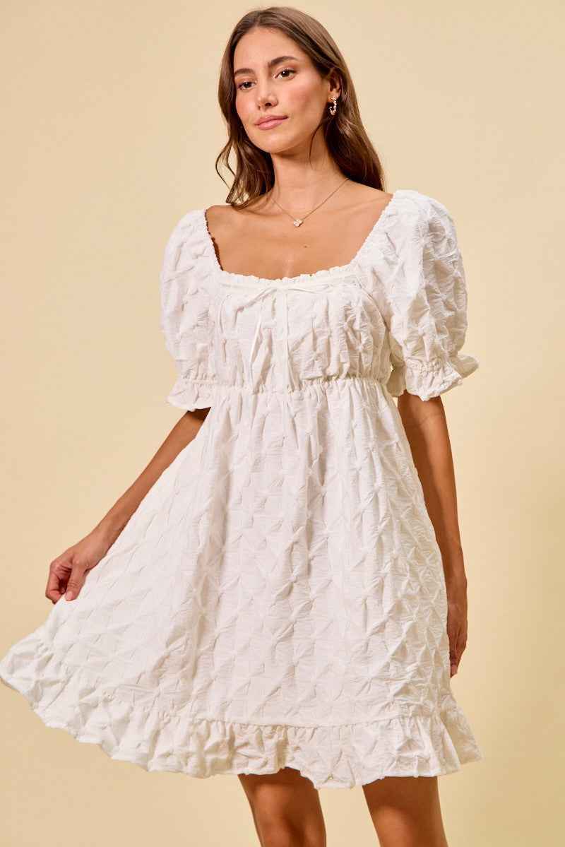Women's SO ME Woven Ruched Bust Mini Dress Smocked Ruffle Off White S-XL