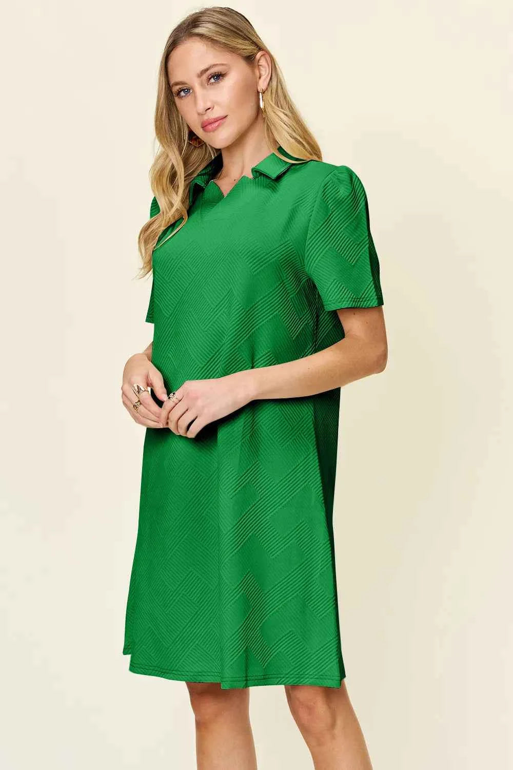 Women's Double Take Texture Collared Neck Short Sleeve Dress Multi Colors S-3XL