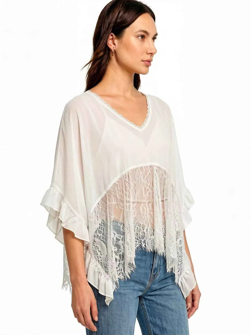 Women's Sheer Lace Trim Ruffle Flowy Short Sleeve Cover-Up Black White S-XL