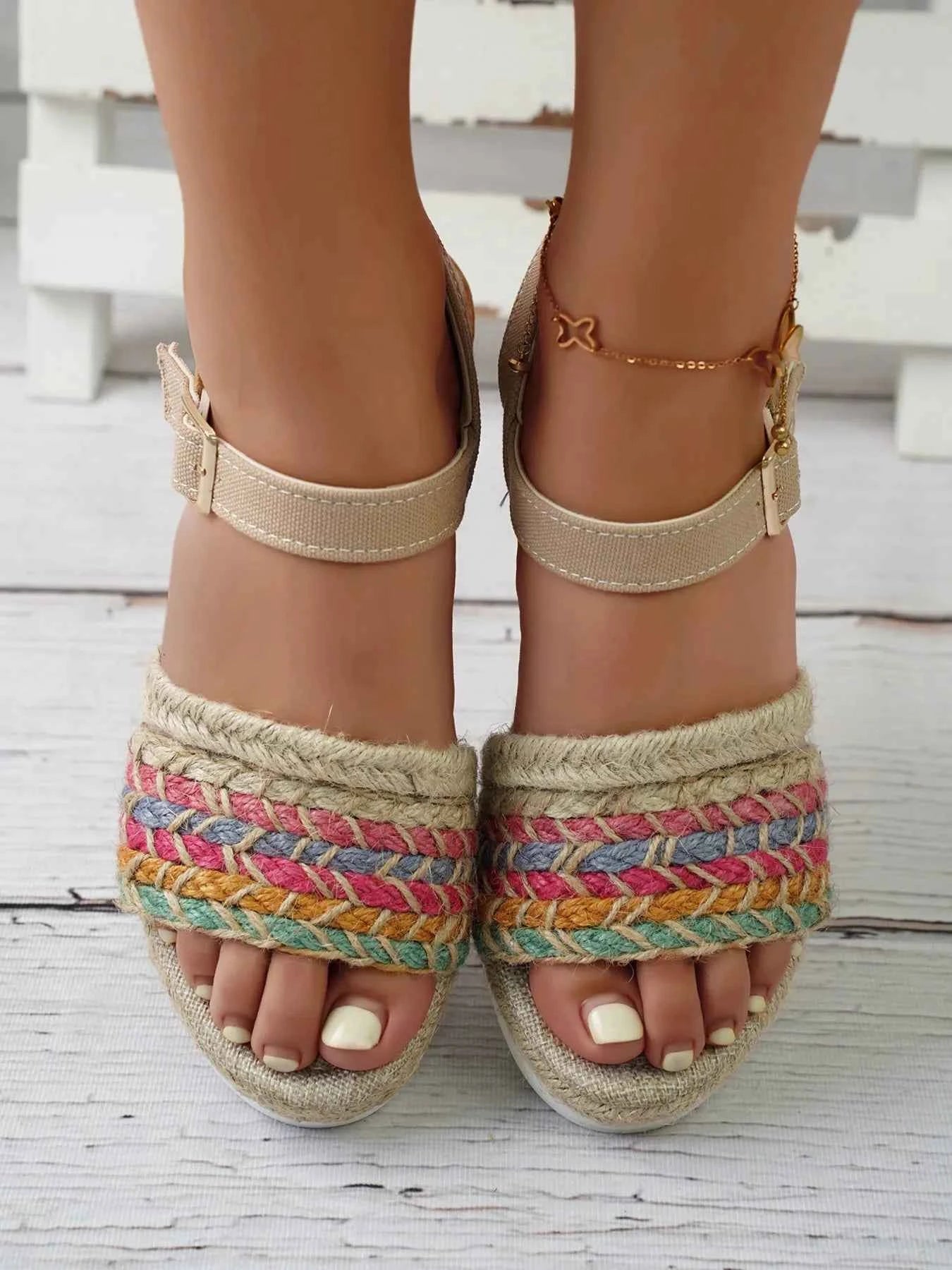 Women's Braided Rainbow Strap Platform Wedge Sandals Camel US 5-11 Camel
