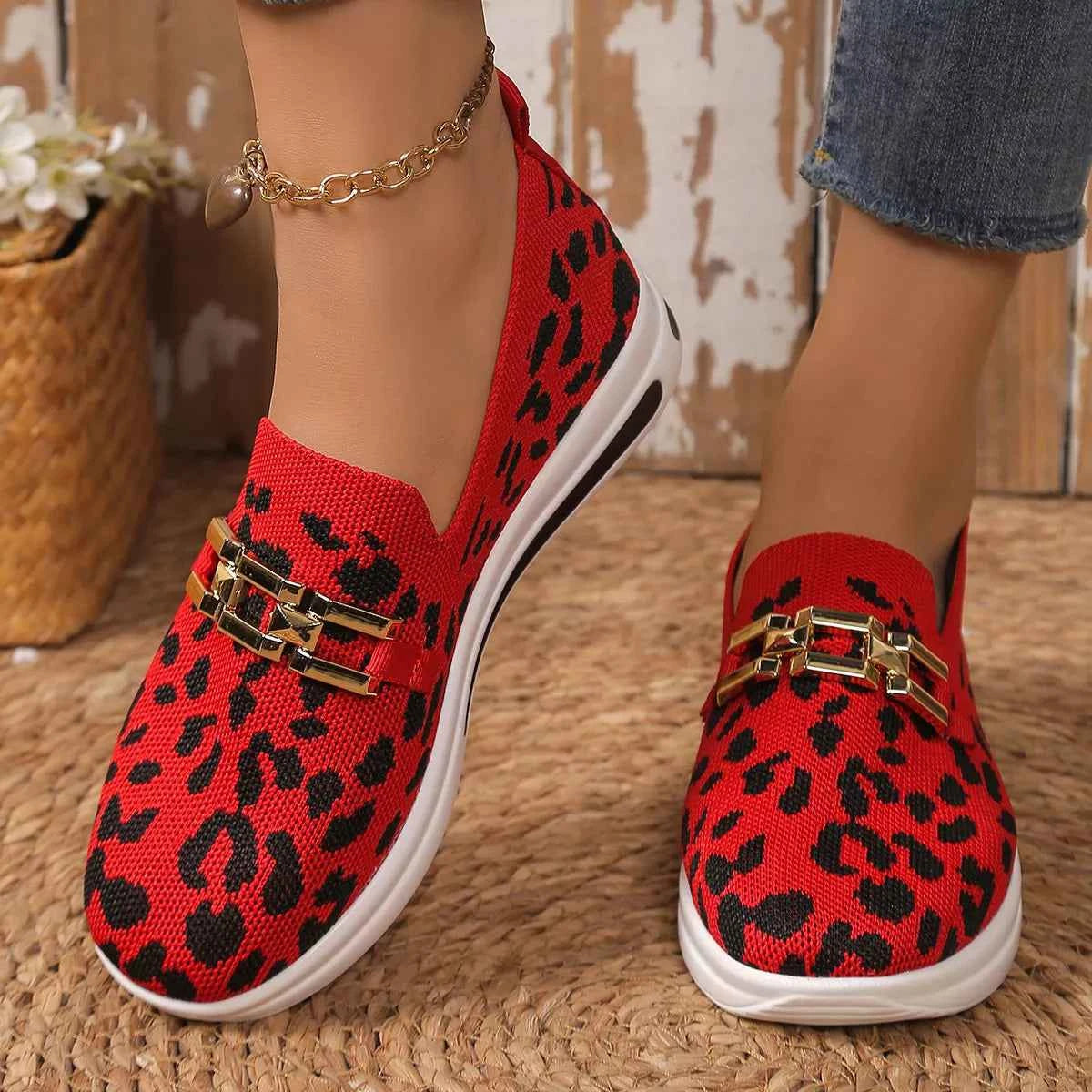 Women's Leopard Print Mesh Slip-On Sneakers Boho Coastal Multi Colors US 5-11 Red