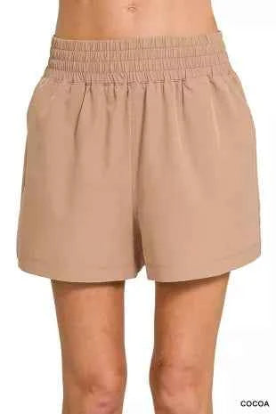 Women's Zenana Soft Woven Lined Pocketed Shorts Relaxed Fit Cocoa S-L