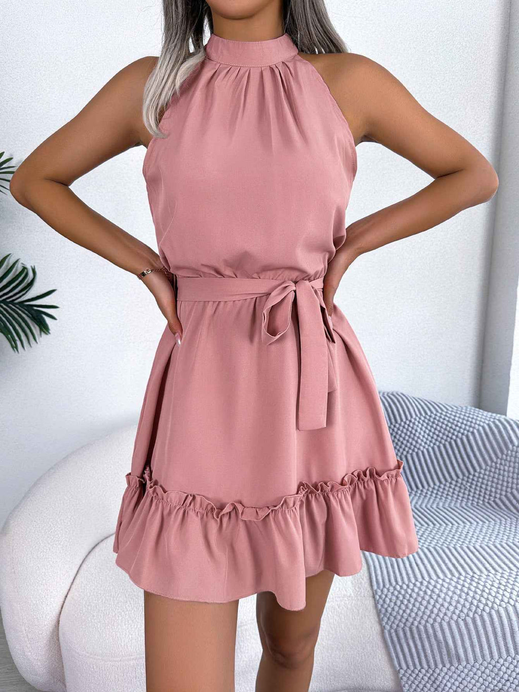 Halter Neck Ruffle Hem A-Line Dress