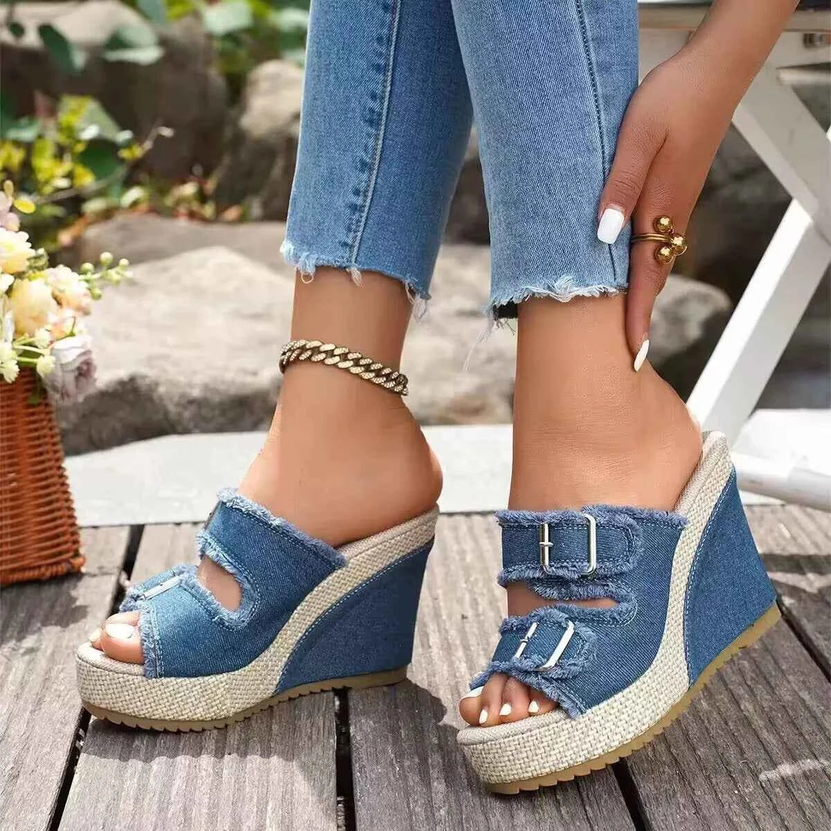 Women's Buckle Strap Open Toe Wedge High Heel Sandals Dark Blue Black EU 35-43