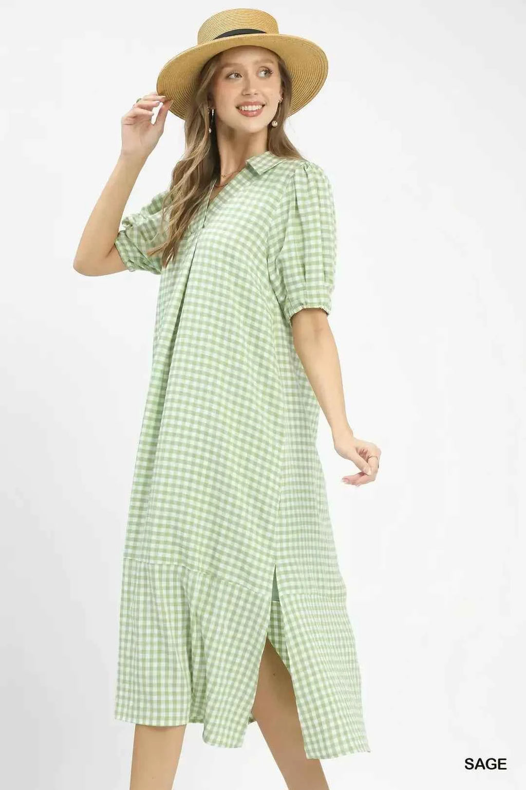 Umgee Women's Gingham A-Line Midi Dress V-Neck Ruffle Hem Pockets Sage S-L