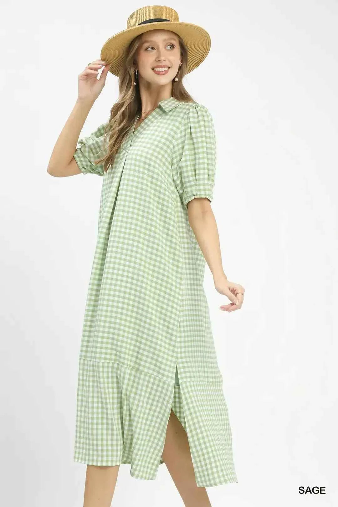 Umgee Women's Gingham A-Line Midi Dress V-Neck Ruffle Hem Pockets Sage S-L