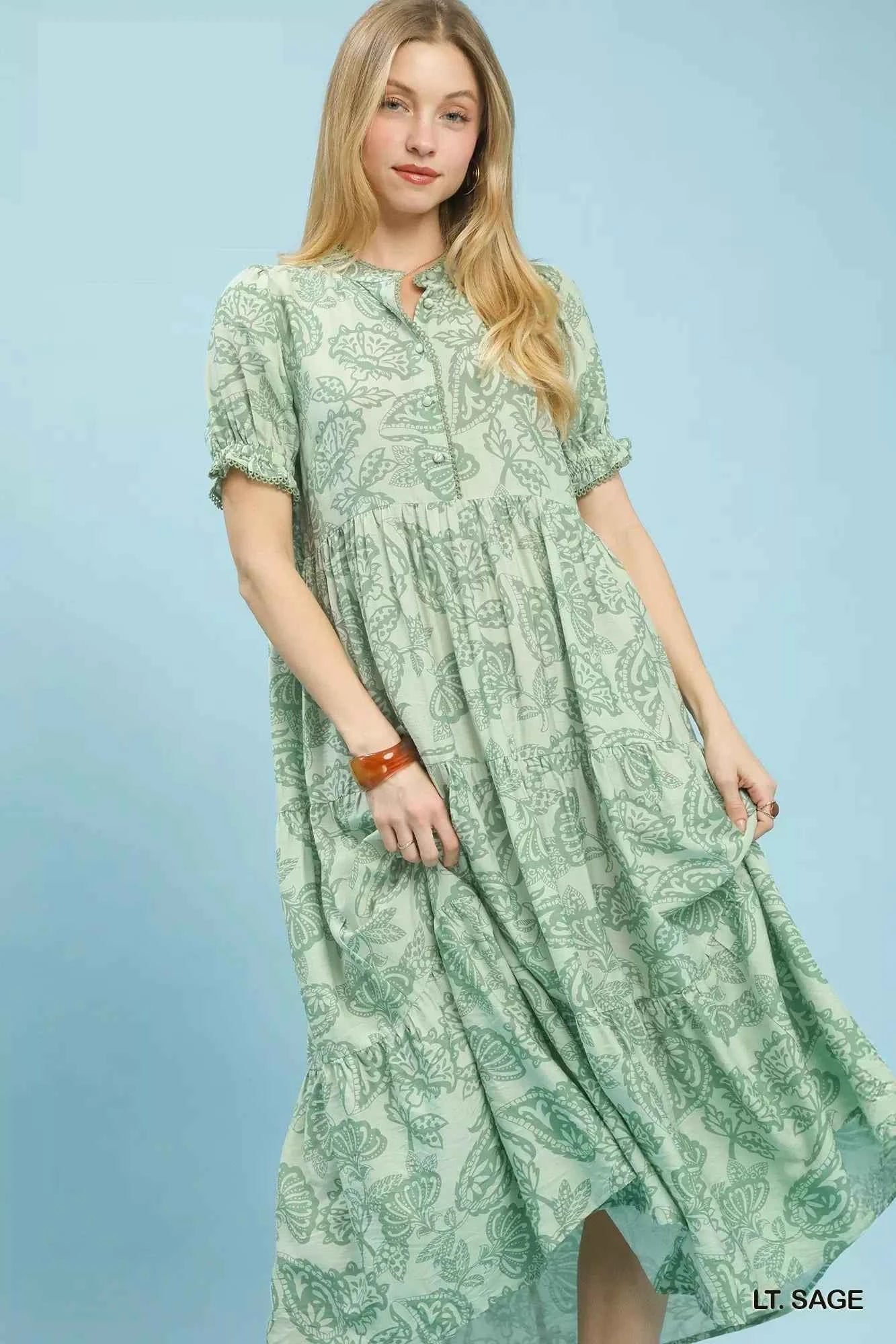 Umgee Women's Paisley Print Boho Tiered Midi Dress Pockets Light Sage S-L
