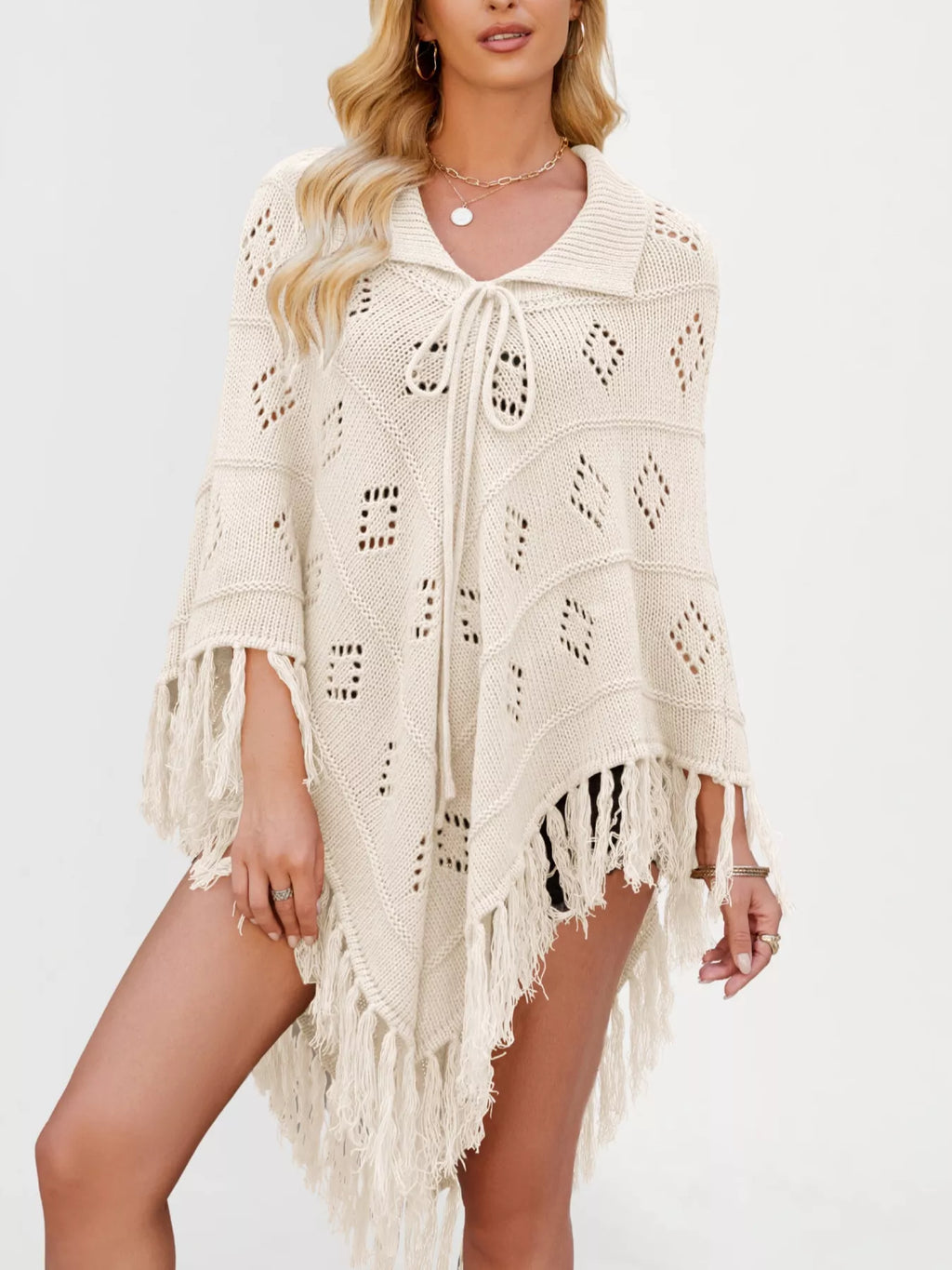 Women's Fringe Tassel Tie Openwork Knit Boho Beach Cover Up Multi Colors S-XL