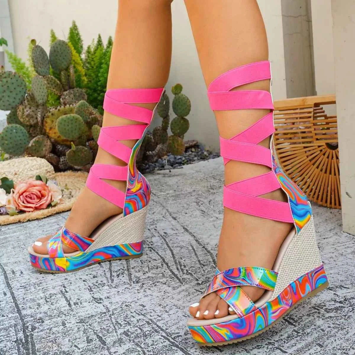 Women's Open Toe Wedge High Heel Sandals Multi Color Leopard Print EU 36-42