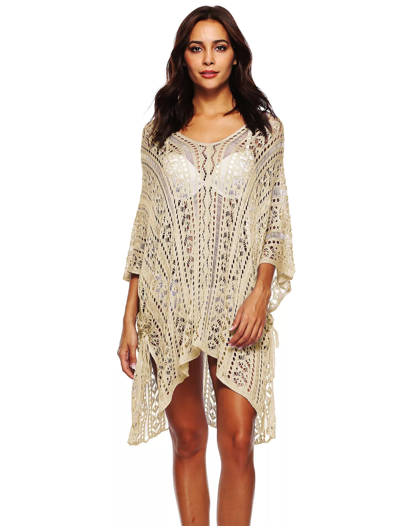 Women's Crochet Knit V-Neck Slit Cutout Beach Cover-Up Multi Colors One Size Beige One Size