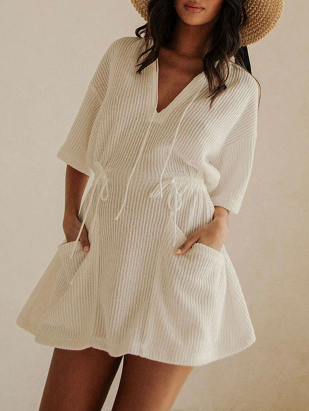 Women's Relaxed Fit Cover-Up Dress – Half Sleeve Beach Coverup, White White