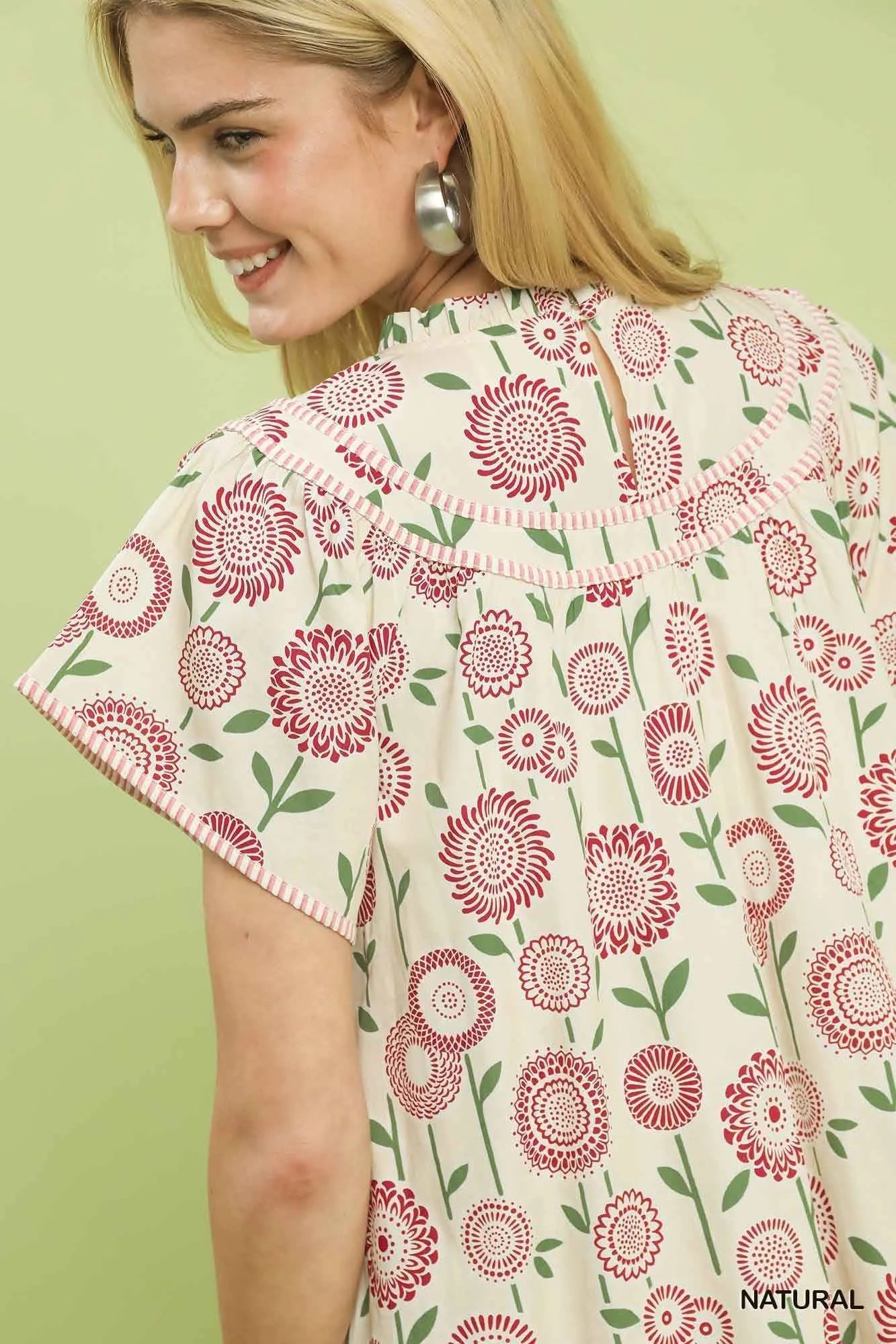 Women's Umgee Floral Print Tiered Babydoll Dress Ruffle Hem Cotton Natural S-L