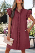 Women's Ruffle Button-Down Denim Mini Dress – Frilled Short Sleeve Burgundy