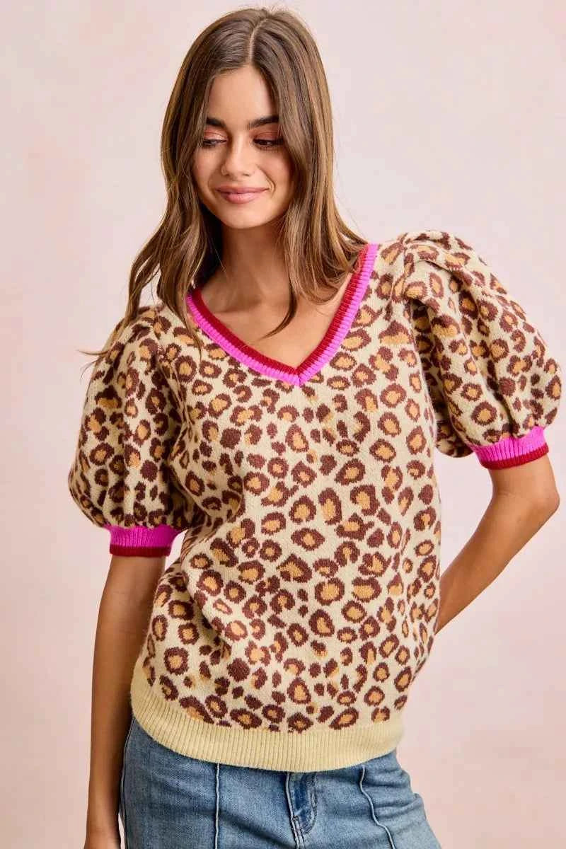 BiBi Women's Leopard Print Puff Sleeve V-Neck Sweater Top Ribbed S-XL
