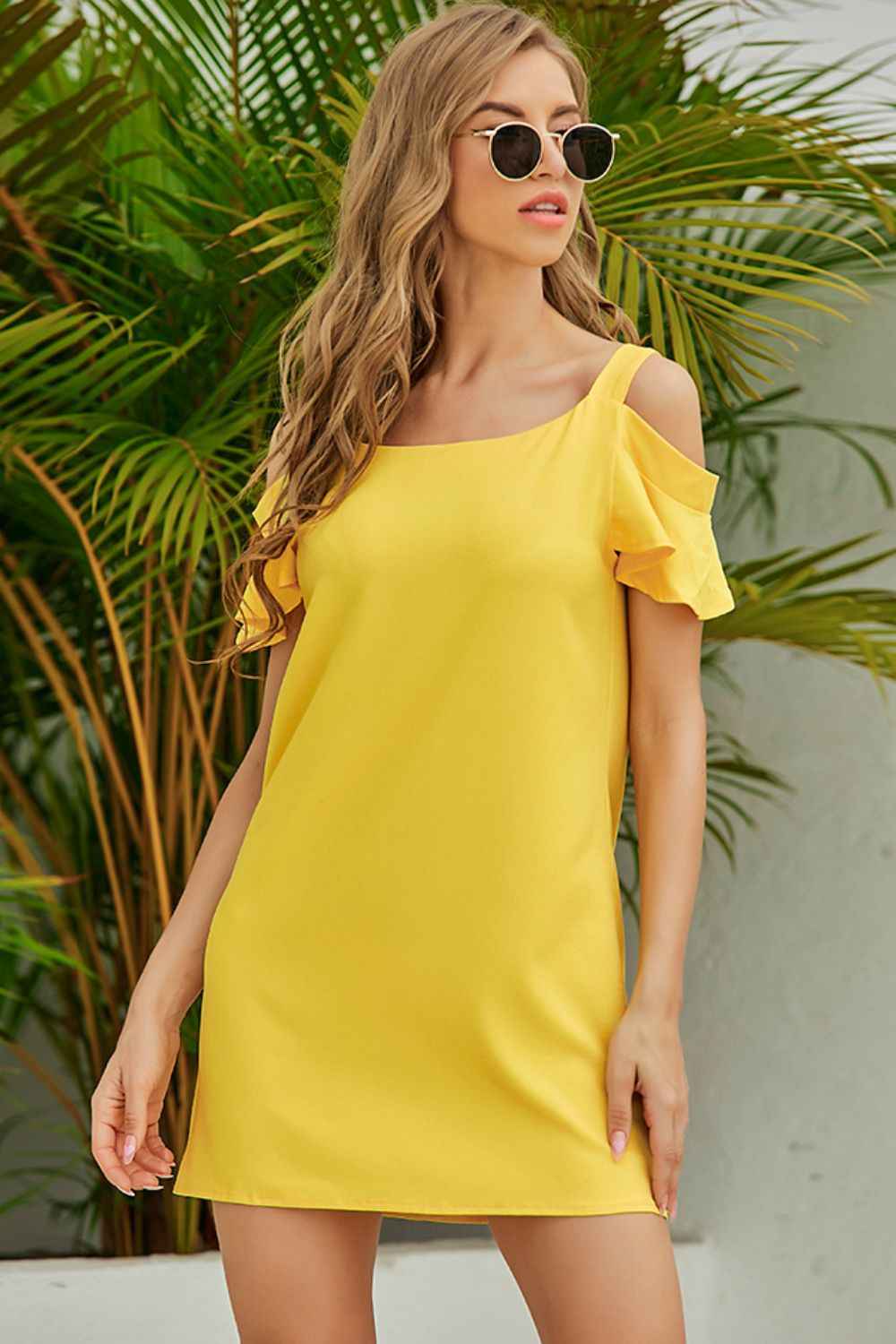 Women's Solid Cold-Shoulder Ruffle Summer Mini Dress Short Sleeve Yellow S-XL