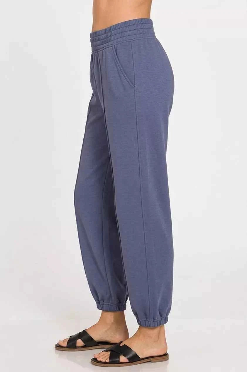 Women's Zenana Scuba Elastic Waist Jogger Sweatpants Pockets Blue Indigo S-L