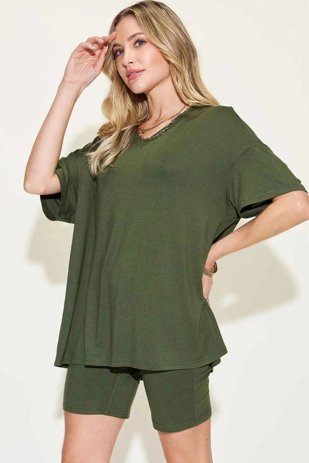 Women's Basic Bae V-Neck Drop Shoulder T-Shirt and Shorts Set Multi Colors S-3XL