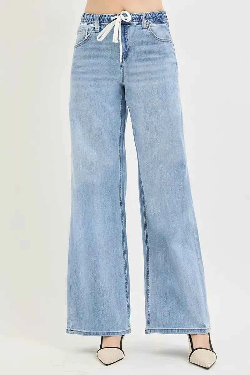 Women's RISEN Slouchy Wide Leg Jeans Elastic Drawstring Lite Blue 0-15