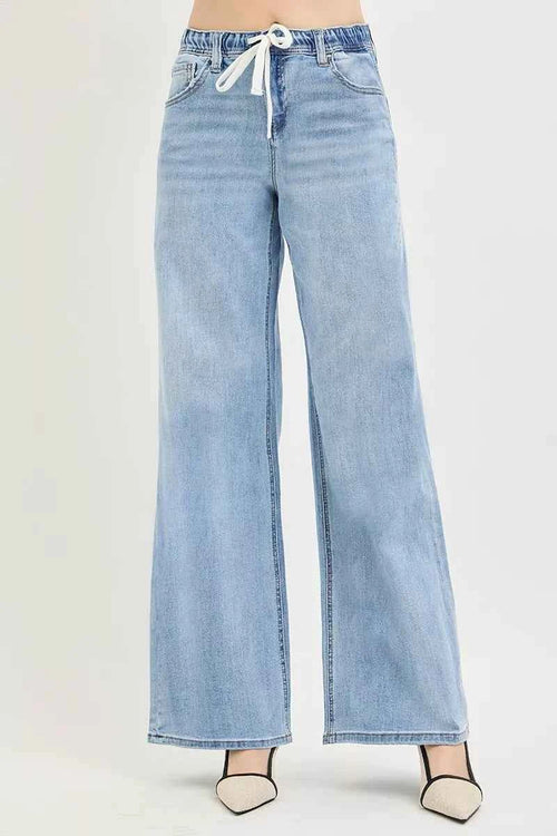 RISEN Women's Slouchy Wide Leg Jeans Elastic Drawstring Lite Blue 0-15