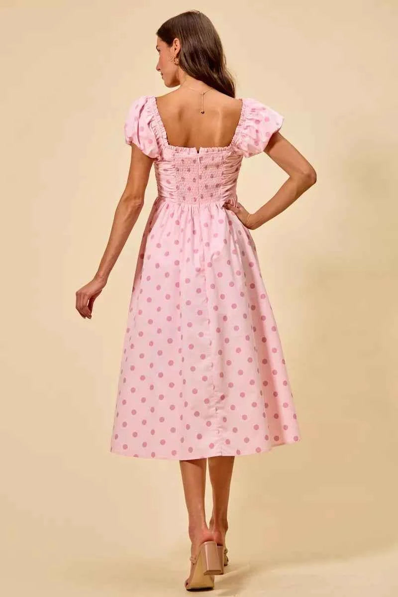Women's Polka Dot Cotton Midi Dress Short Sleeve Pockets Smocked Pink S-XL