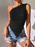 Asymmetrical One-Shoulder Ruched Tank Black