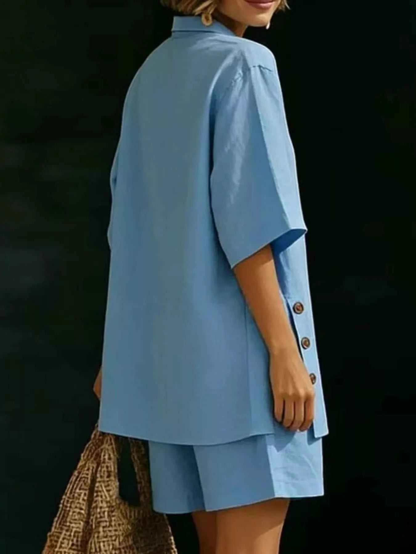 Full Size Casual Linen Button-Down Shirt & Shorts Set Plus Size
