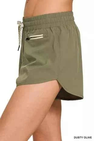 Women's Zenana Soft Woven Lined Shorts Drawstring Zip Pocket Dusty Olive S-L