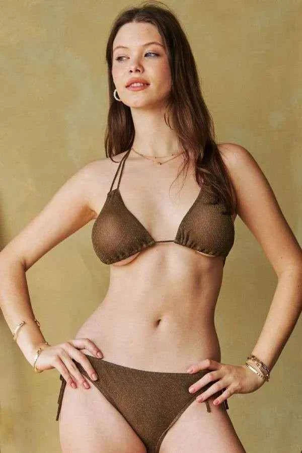 Women's 3-Piece Halter Bikini Set Ruffle Skirt Metallic Shimmer Olive S-L
