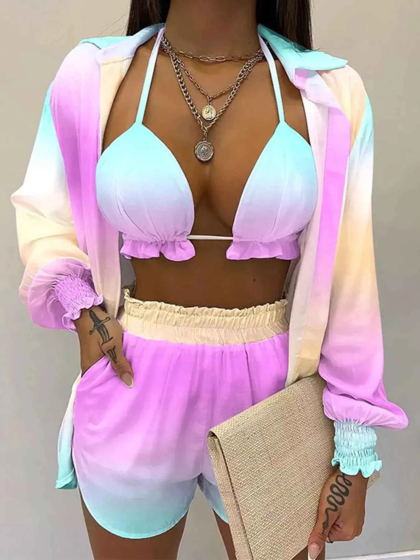Women's Plus Size Halter Cami Shirt & Shorts 3-Piece Set Smocked Frill S-3XL Heliotrope Purple