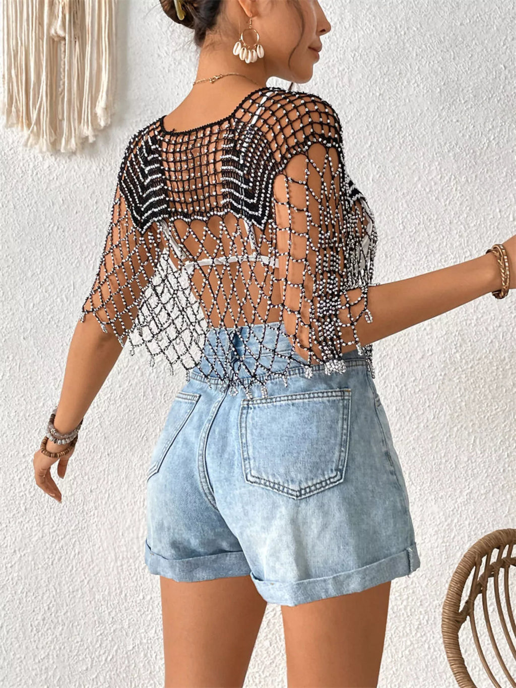 Women's Beaded Crochet Cover Up Cutout Beach Boho One Size Black White Gold