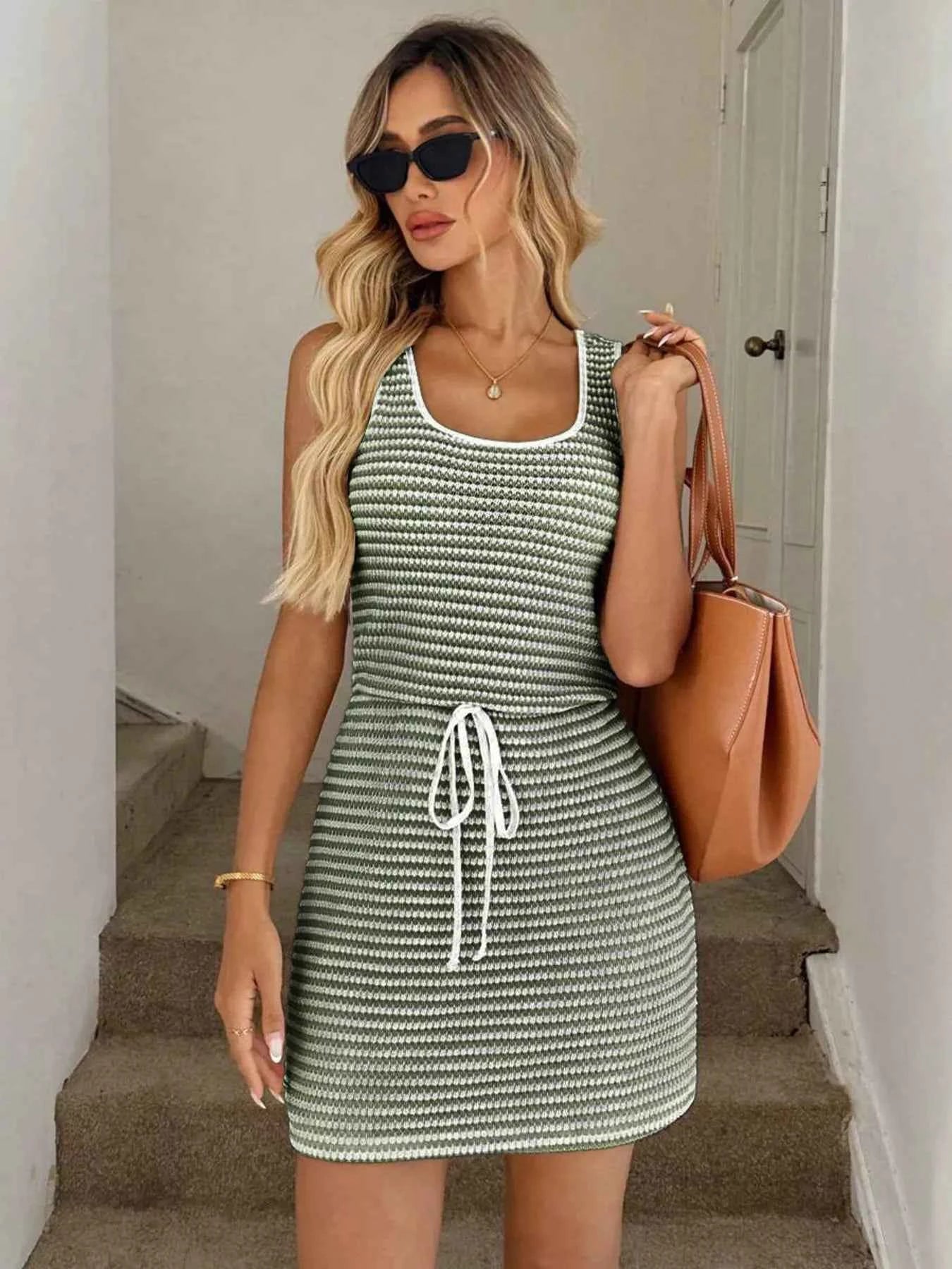 Striped Knitted Mini Dress with Drawstring