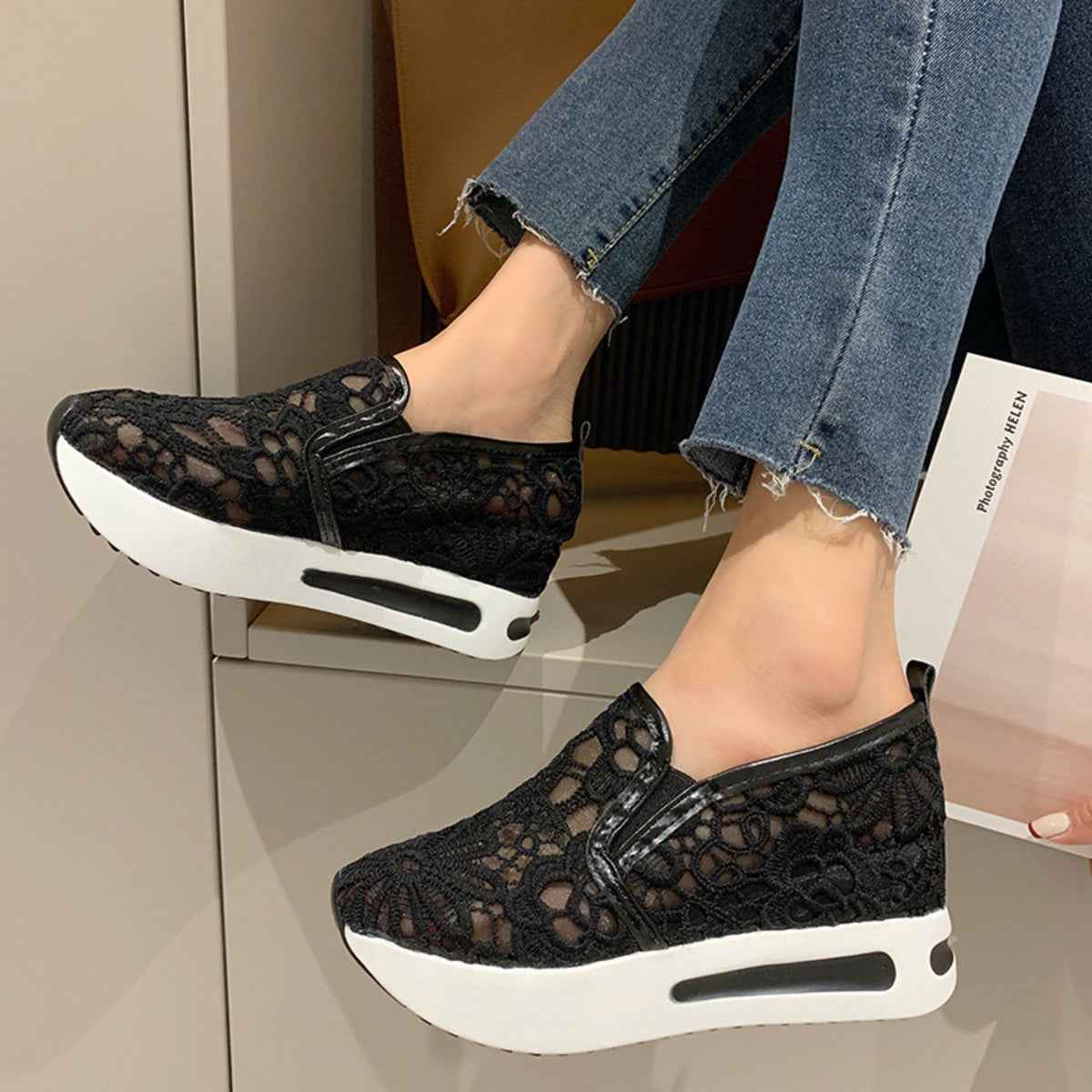 Women's Lace Breathable Mesh Platform Slip-On Shoes Multi Colors US 5-11 Black