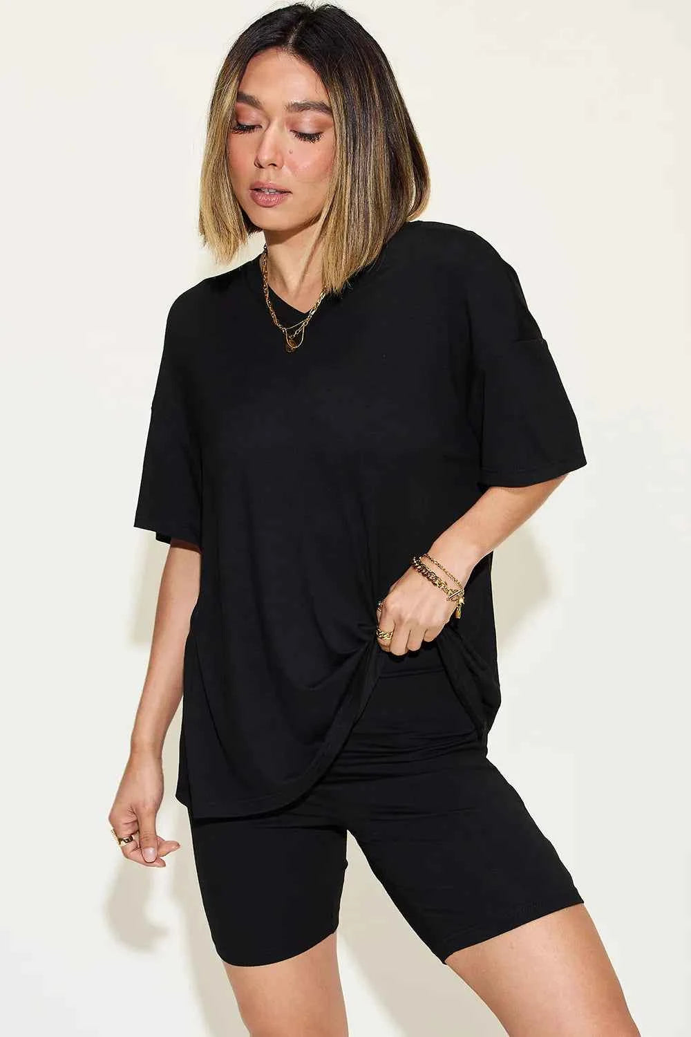 Women's Basic Bae V-Neck Drop Shoulder T-Shirt and Shorts Set Multi Colors S-3XL