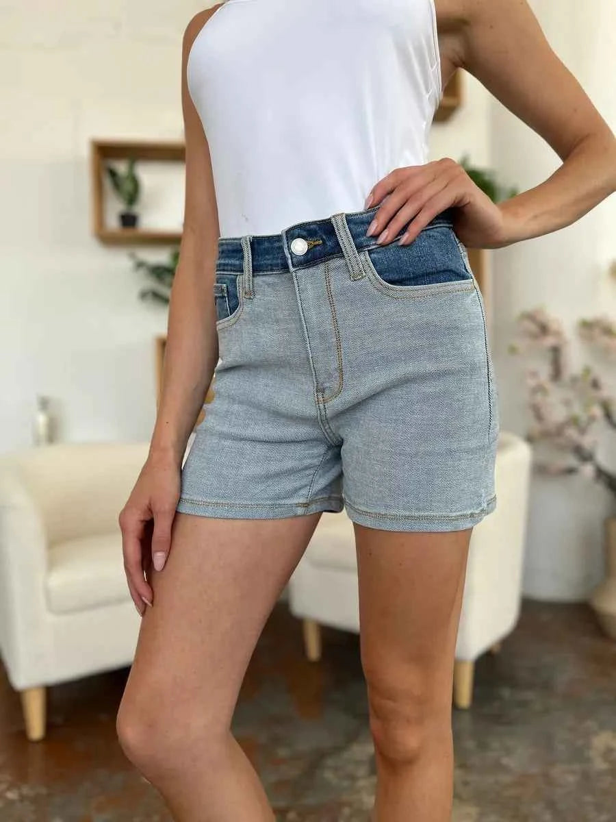 Women's Judy Blue Color Block Denim Shorts Pockets Light Medium Wash S-3XL