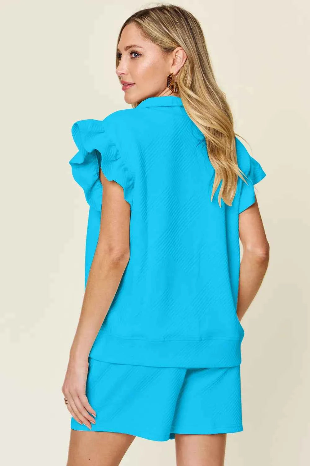 Women's Double Take Flounce Sleeve V-neck Top Shorts Set Two-Piece Multi Colors S-3XL