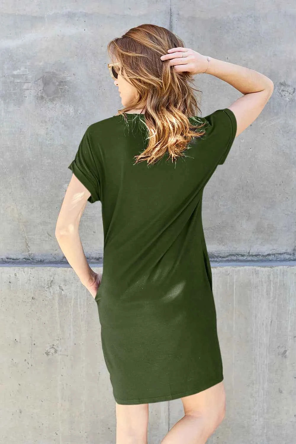 Basic Bae Women's Round Neck Short Sleeve Midi Dress Pockets Multi ColorsS-3XL