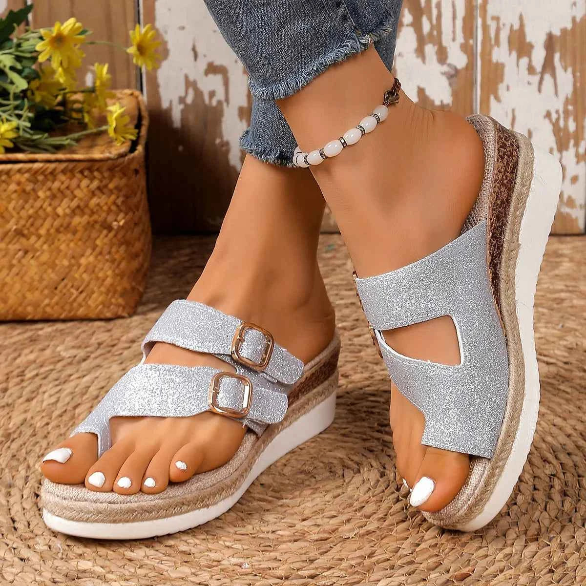 Women's Double Buckle Mid Wedge Sandals Boho Open Toe Silver Black Gold US 5-11