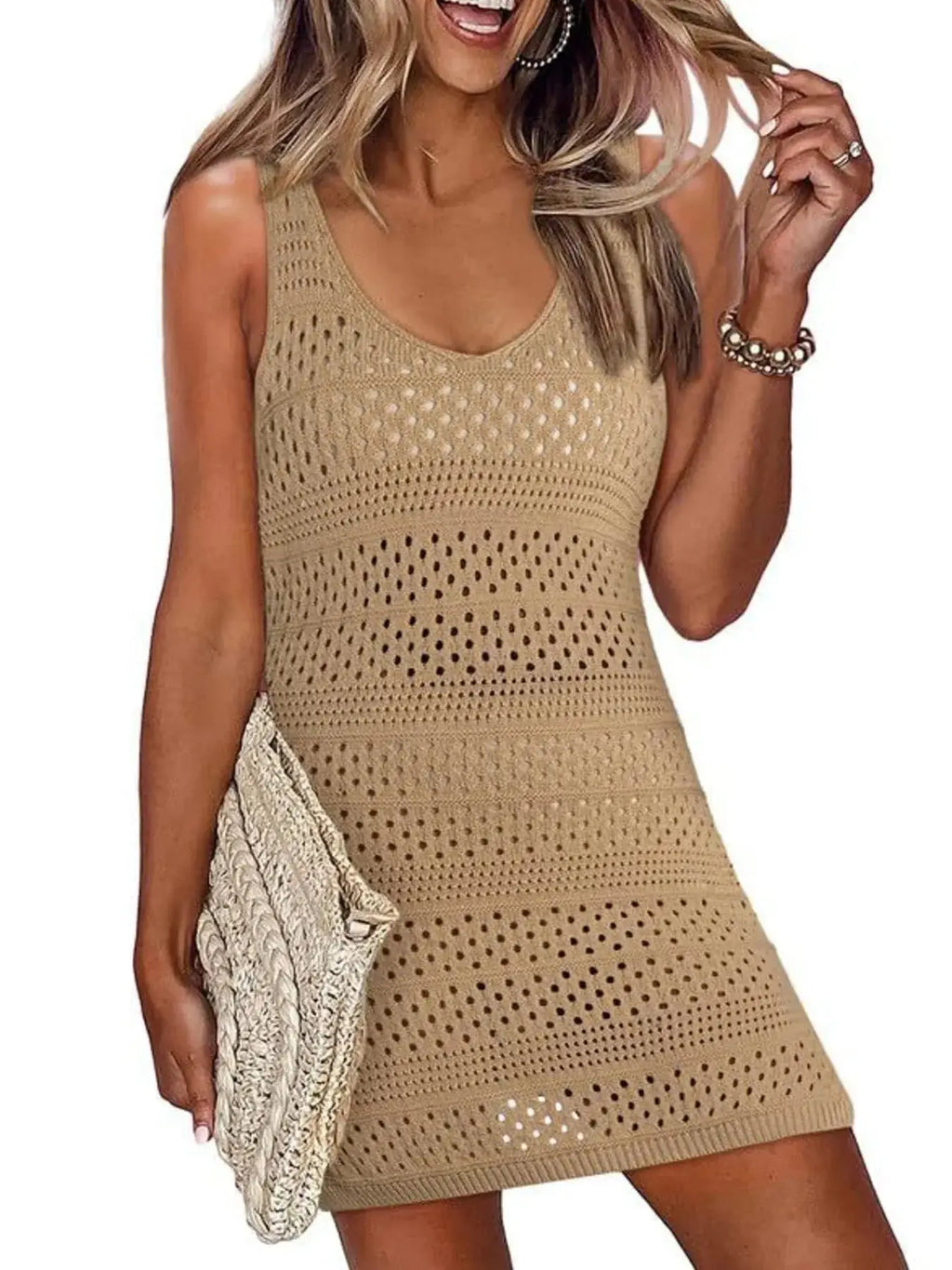 Women's Crochet Knit Cover-Up Dress Side Slit 6 Colors S-XL