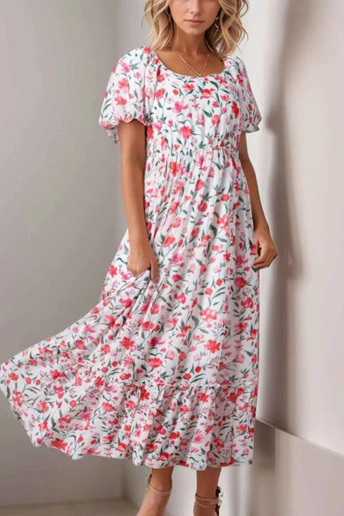 Floral Short Puff Sleeve Tiered Dress Floral