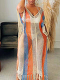 Women's Striped Crochet Fringe Split Openwork Maxi Cover-Up Dress Sherbet S-2XL Sherbet
