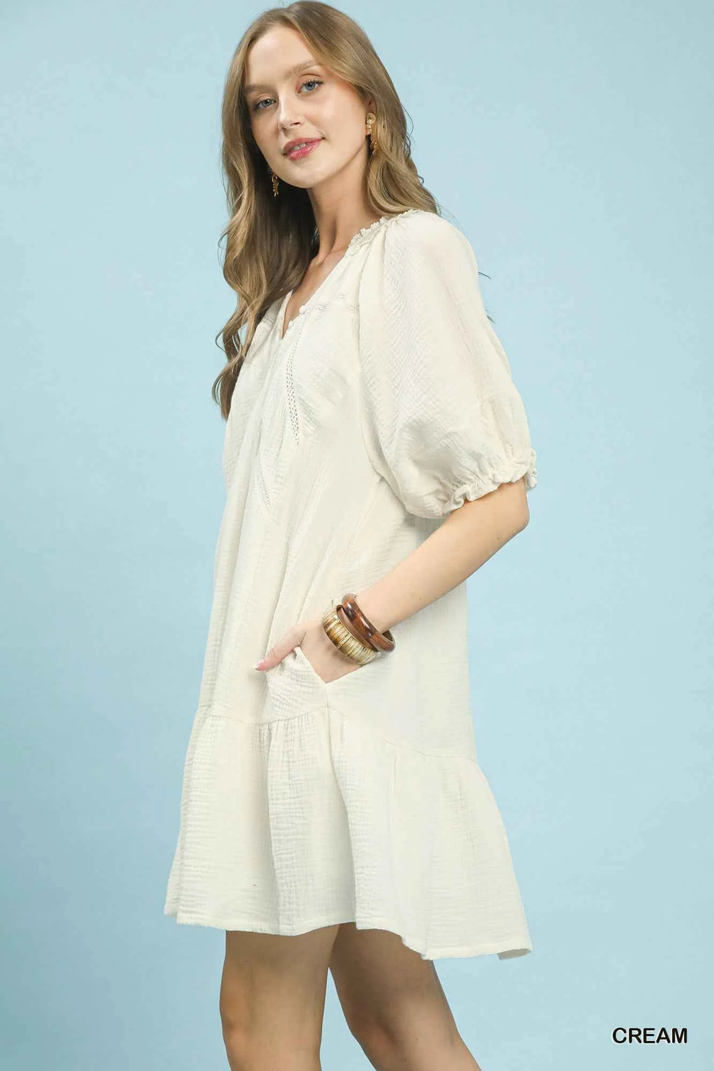 Women's Umgee Cotton Gauze Tiered Mini Dress V-Neck Lace Detail Cream S-L