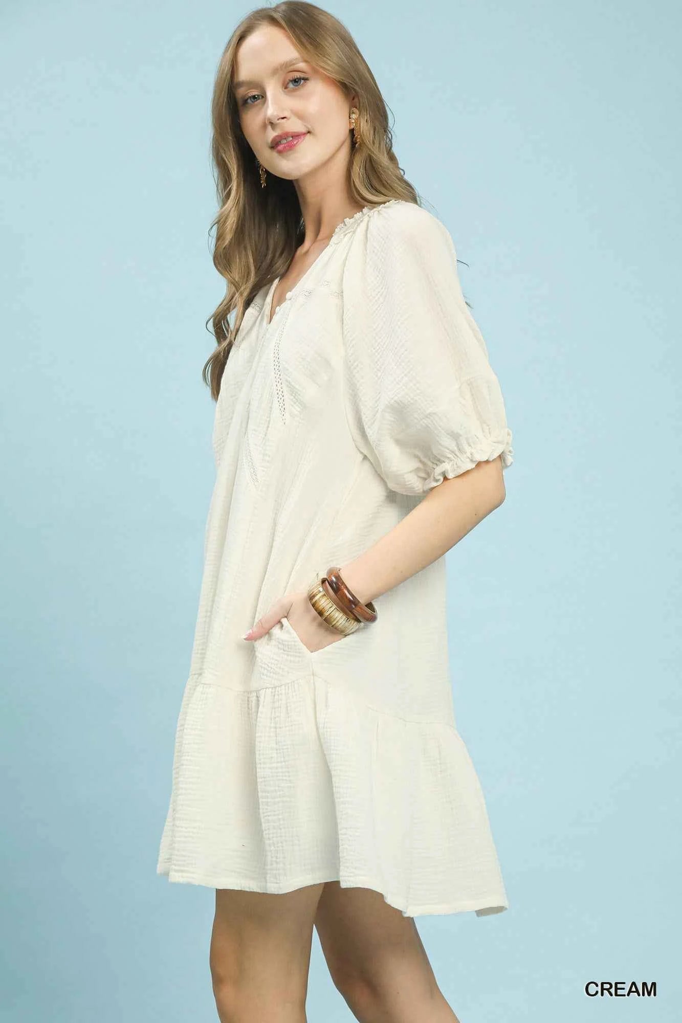 Women's Umgee Cotton Gauze Tiered Mini Dress V-Neck Lace Detail Cream S-L