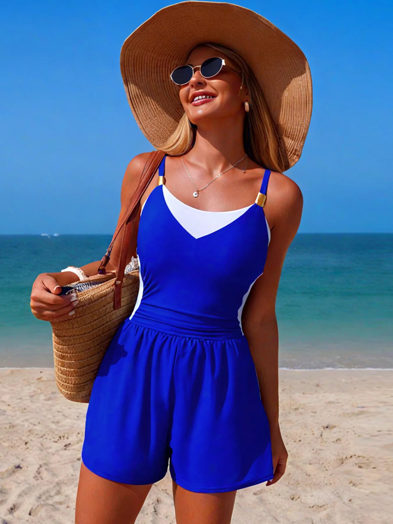 Women's Color Block One-Piece Swimsuit – Adjustable Strap, Pockets, 6 Colors Sapphire Blue + White One-Pieces-Swimwear