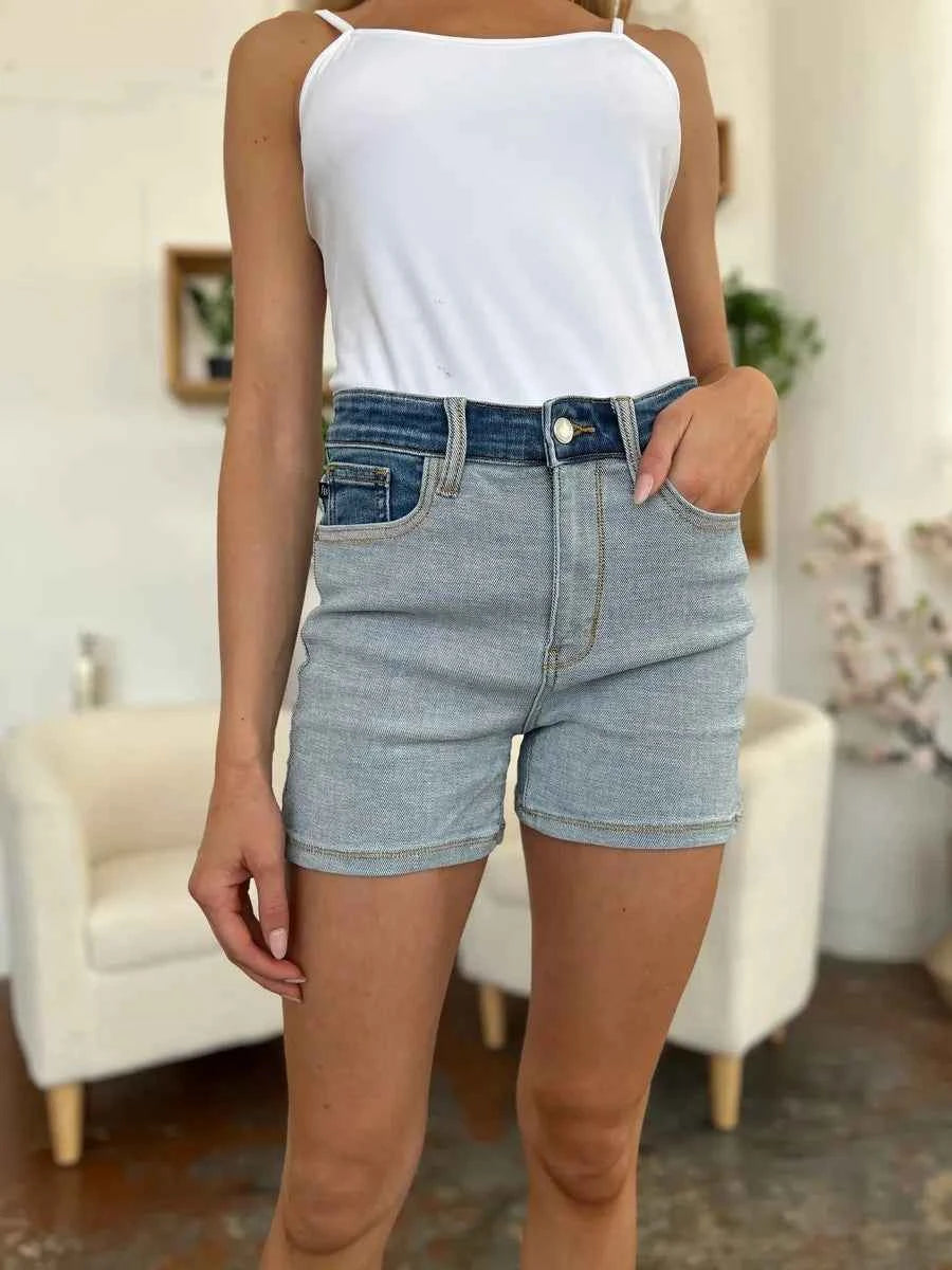 Women's Judy Blue Color Block Denim Shorts Pockets Light Medium Wash S-3XL